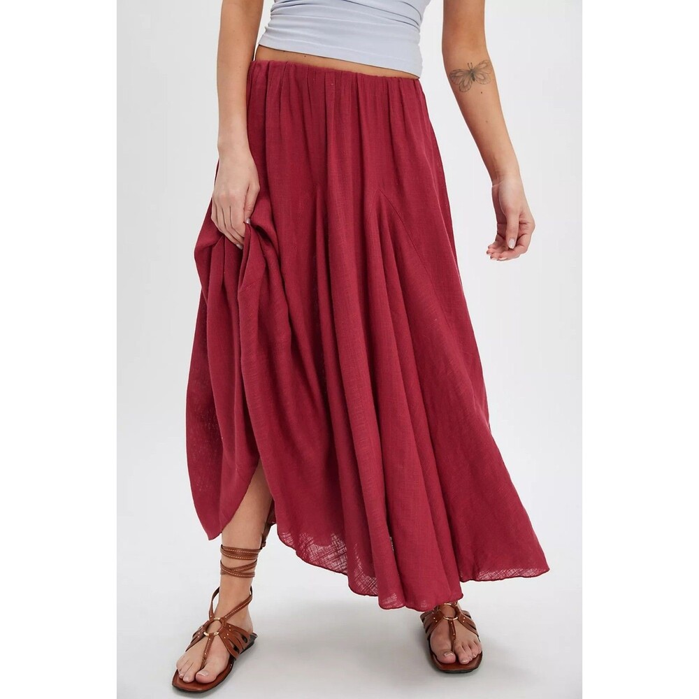 Free People Madras That Solid Linen Maxi Skirt A Line Godet Mid Rise XS 285289